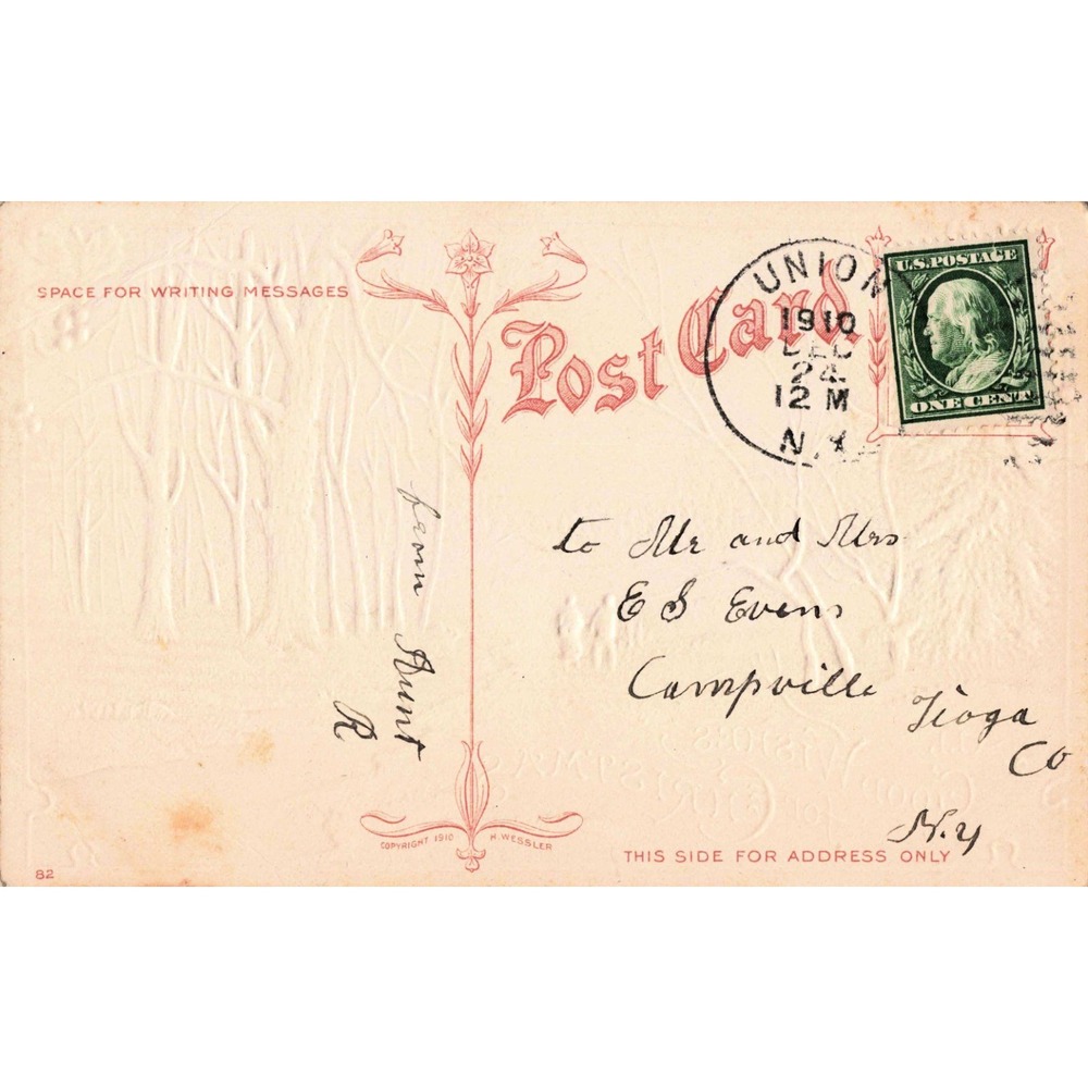 Vintage 1910 H Wessler Christmas Postcard Embossed Winter Scene Union NY Stamp - Picture 2 of 2